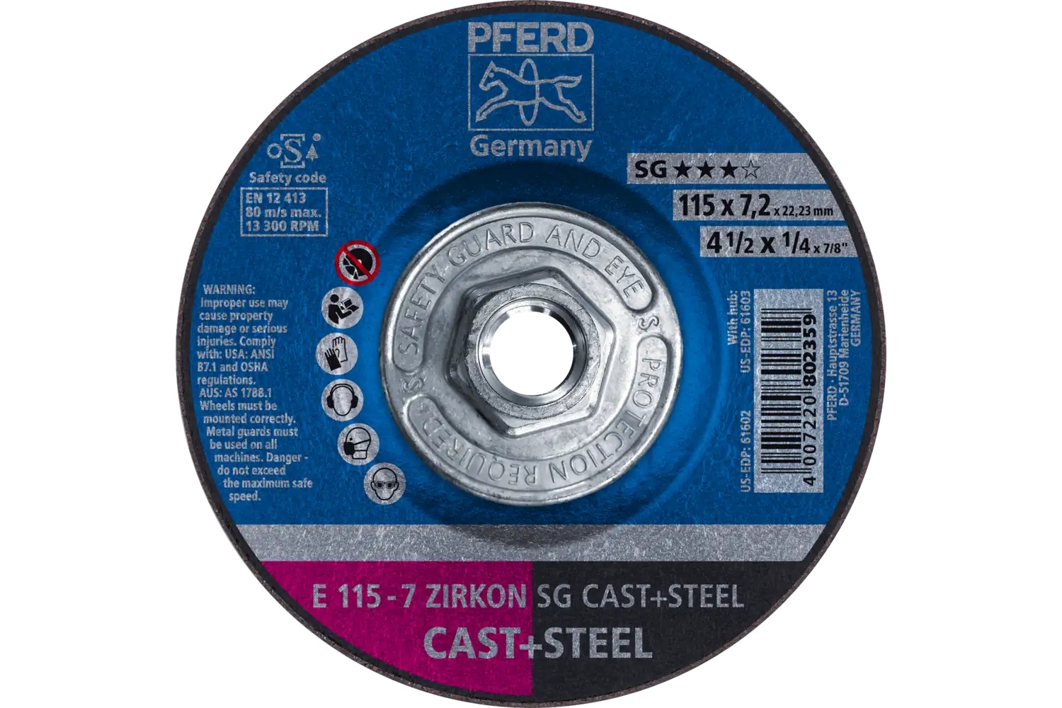 Picture of Pferd Grinding Wheel, 4-1/2" X 1/4 X 5/8-11, Zircon Sg Cast+Steel, T27, Za, Ao